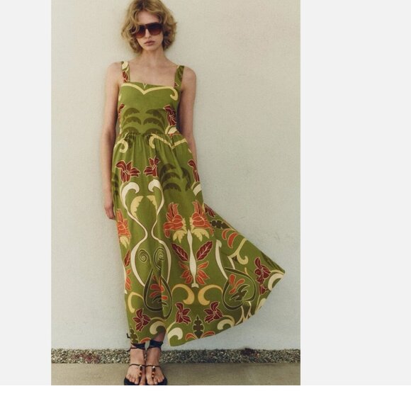 NWOT ZARA WOMAN ZW COLLECTION PRINTED MIDI DRESS GREEN | 2183/010 - Picture 2 of 12
